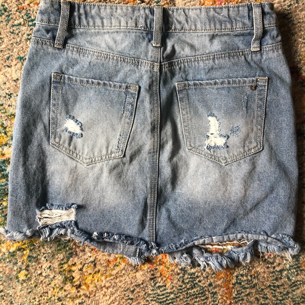 Distressed mini jean skirt- perfect length!